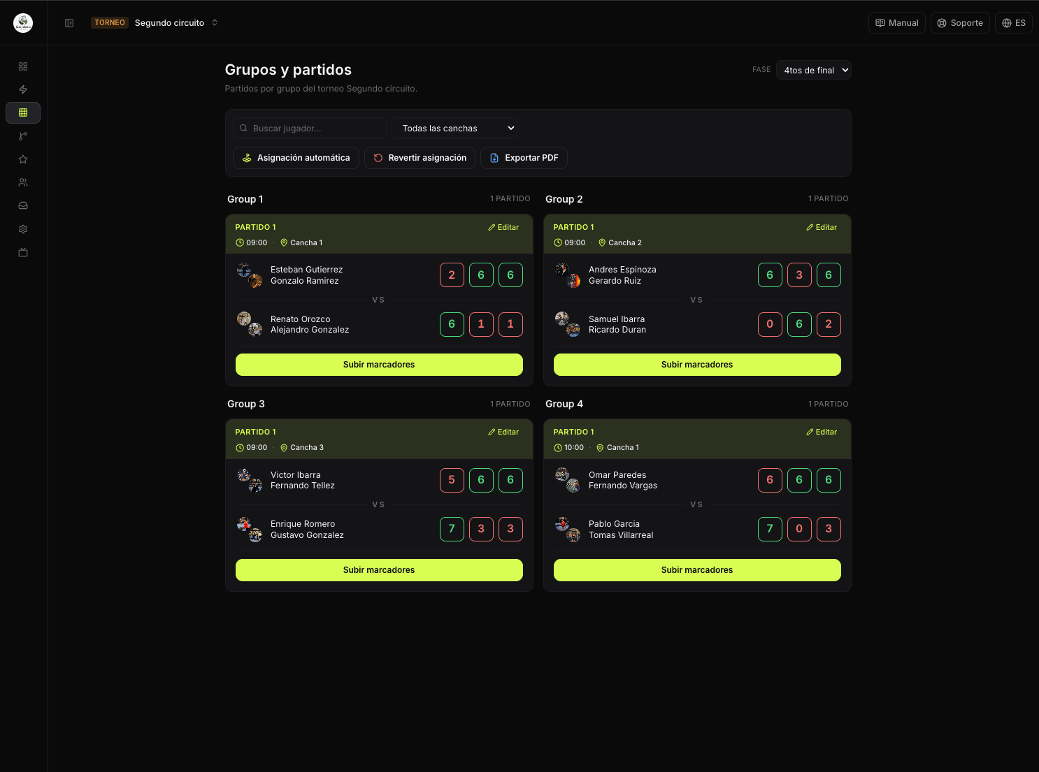 Vista de Grupos y partidos en el dashboard de Matchball