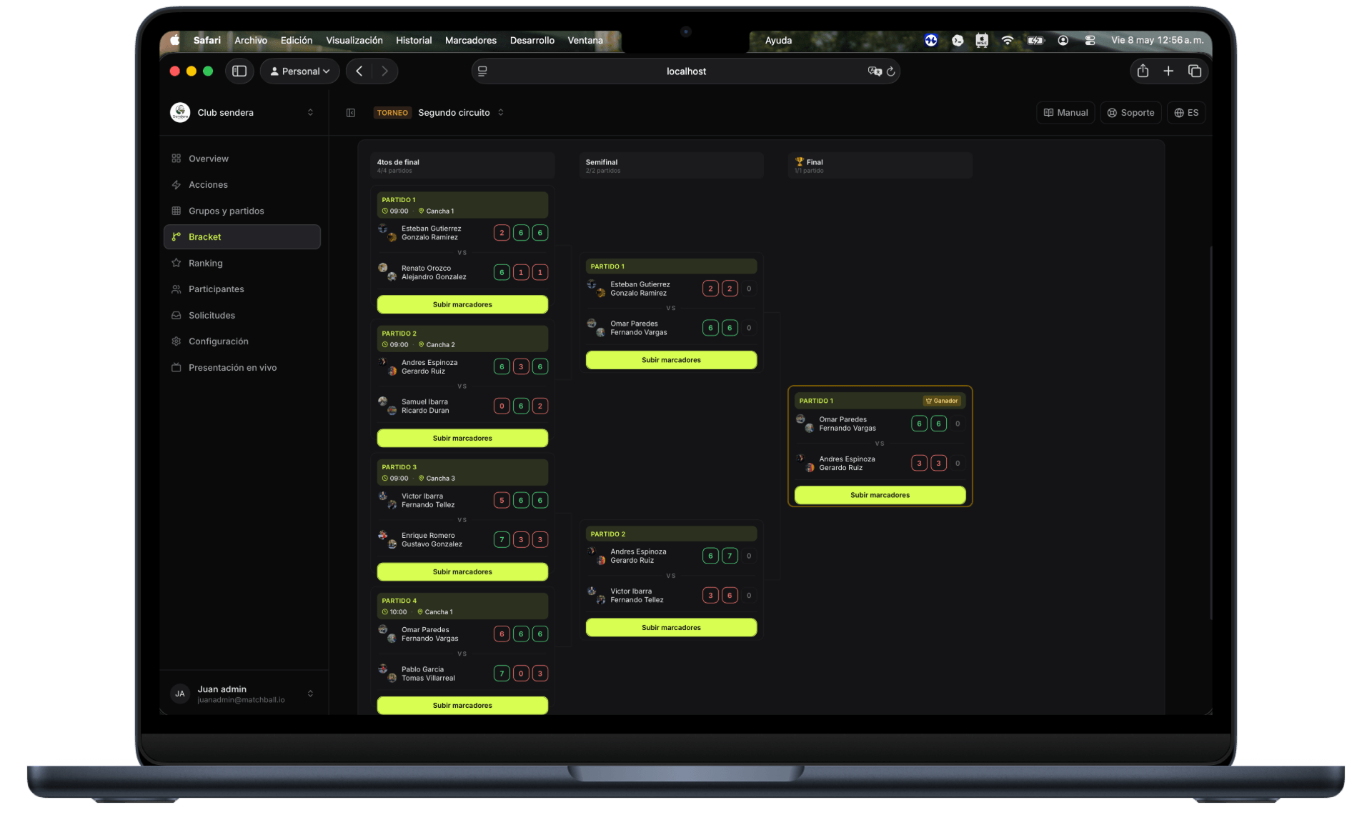 Vista del bracket de un torneo en el dashboard de Matchball
